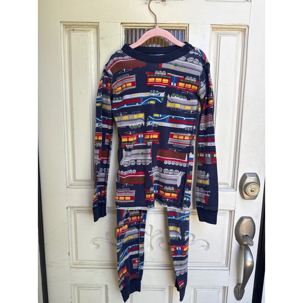 Hanna Andersson Kids Train Print Organic Cotton Pajama Set Navy Blue Size 8